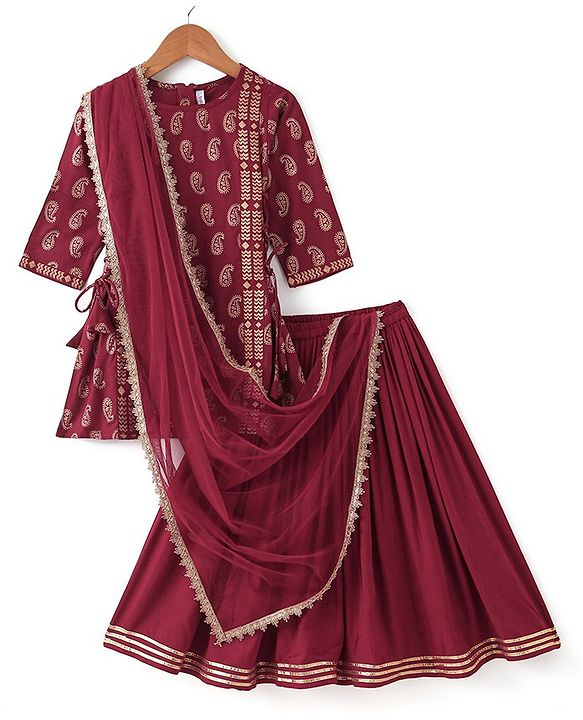 Babyhug Three Fourth Sleeveless Foil Printed Kurta Lehenga Set With Dupatta - Maroon