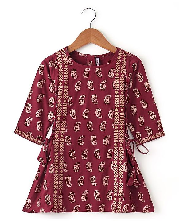 Babyhug Three Fourth Sleeveless Foil Printed Kurta Lehenga Set With Dupatta - Maroon