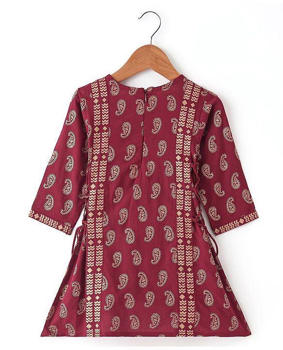 Babyhug Three Fourth Sleeveless Foil Printed Kurta Lehenga Set With Dupatta - Maroon