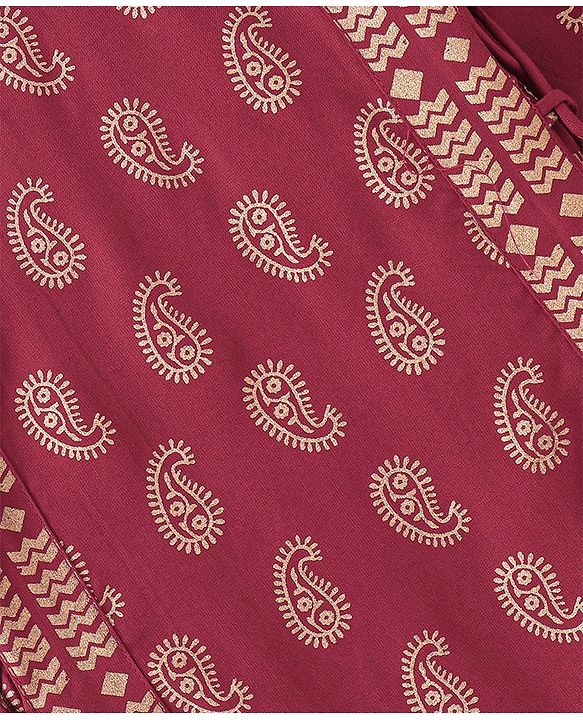 Babyhug Three Fourth Sleeveless Foil Printed Kurta Lehenga Set With Dupatta - Maroon