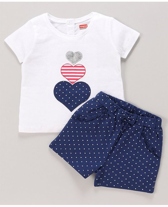 Babyhug 100% Cotton Knit Half Sleeves Top & Shorts Set with Bow Applique Heart & Stars Print - White & Navy