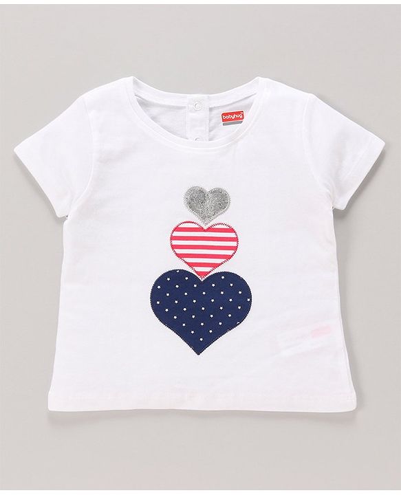 Babyhug 100% Cotton Knit Half Sleeves Top & Shorts Set with Bow Applique Heart & Stars Print - White & Navy