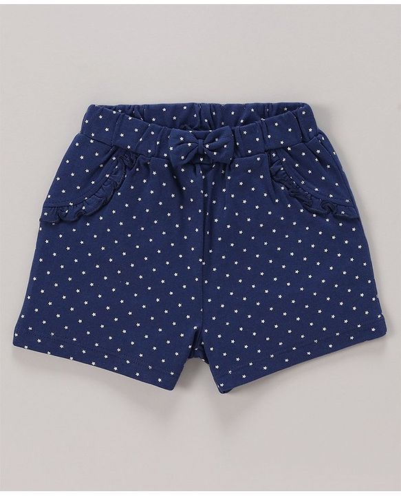 Babyhug 100% Cotton Knit Half Sleeves Top & Shorts Set with Bow Applique Heart & Stars Print - White & Navy