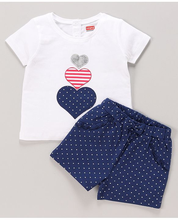 Babyhug 100% Cotton Knit Half Sleeves Top & Shorts Set with Bow Applique Heart & Stars Print - White & Navy