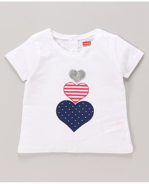 Babyhug 100% Cotton Knit Half Sleeves Top & Shorts Set with Bow Applique Heart & Stars Print - White & Navy