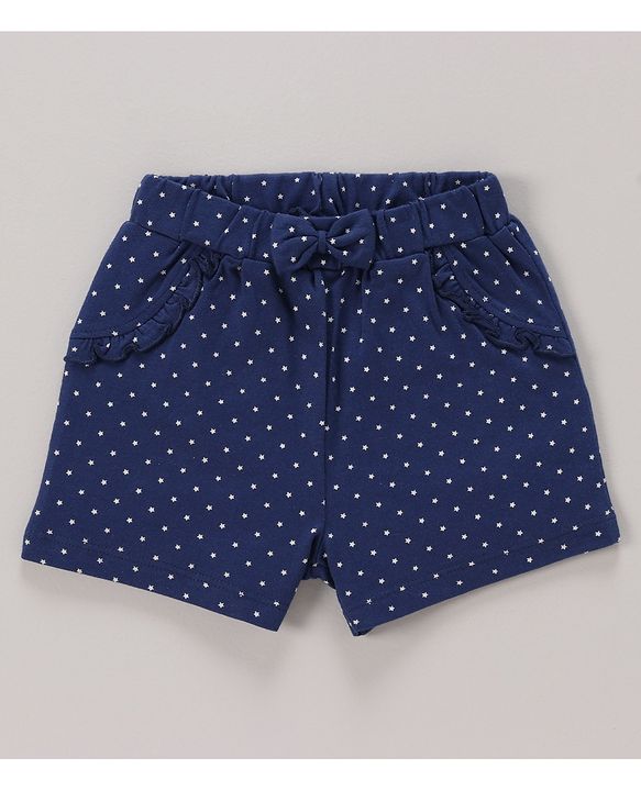 Babyhug 100% Cotton Knit Half Sleeves Top & Shorts Set with Bow Applique Heart & Stars Print - White & Navy