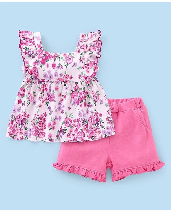 Babyhug 100% Cotton Sleeveless Top & Short Set Floral Print- Pink