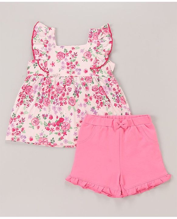 Babyhug 100% Cotton Sleeveless Top & Short Set Floral Print- Pink