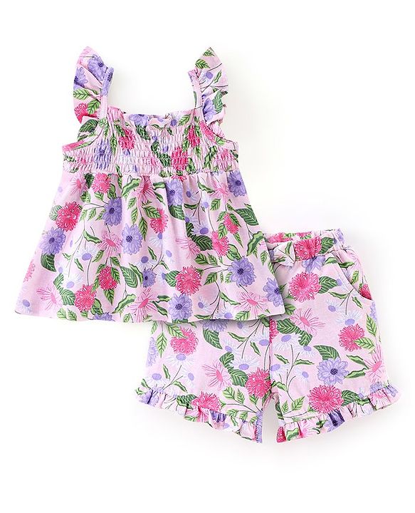 Babyhug 100% Cotton Knit Sleeveless Top & Shorts Set Floral Print - Pink
