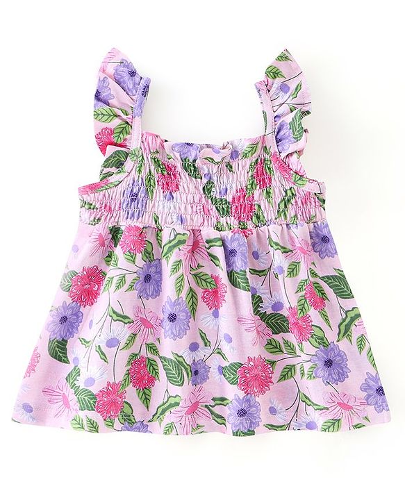 Babyhug 100% Cotton Knit Sleeveless Top & Shorts Set Floral Print - Pink