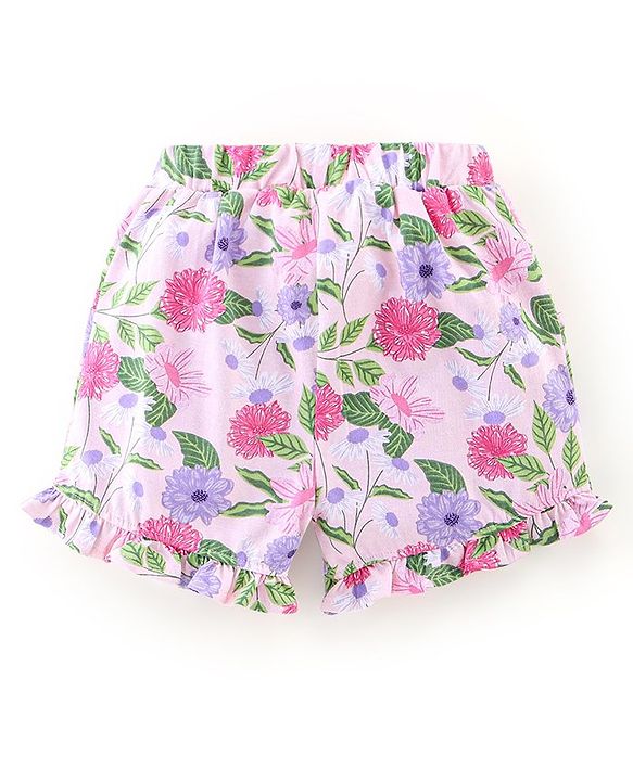 Babyhug 100% Cotton Knit Sleeveless Top & Shorts Set Floral Print - Pink