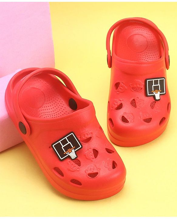 Pine Kids Clogs With Back Strap Basketball Applique- Red