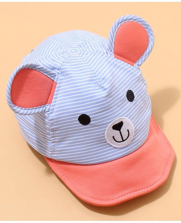 Babyhug Cotton Bear Print With Stripes & Ear Applique Baseball Cap Multicolour - Circumference 45 cm