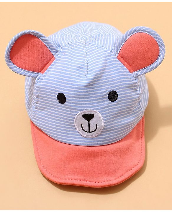 Babyhug Cotton Bear Print With Stripes & Ear Applique Baseball Cap Multicolour - Circumference 45 cm