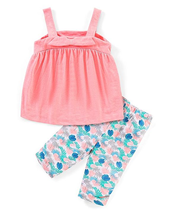 Babyhug 100% Cotton Sleeveless Solid Colour Top and Tropical Printed Leggings Set - Peach & Blue