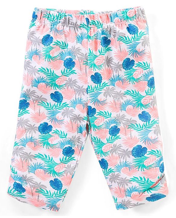 Babyhug 100% Cotton Sleeveless Solid Colour Top and Tropical Printed Leggings Set - Peach & Blue