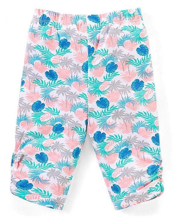 Babyhug 100% Cotton Sleeveless Solid Colour Top and Tropical Printed Leggings Set - Peach & Blue