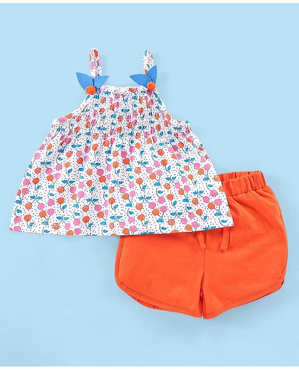 Babyhug 100% Cotton Sleeveless Top & Shorts Cherry Print - White & Orange