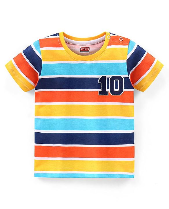Babyhug Cotton Knit Half Sleeves Striped T-Shirt Number Print - Blue & Yellow