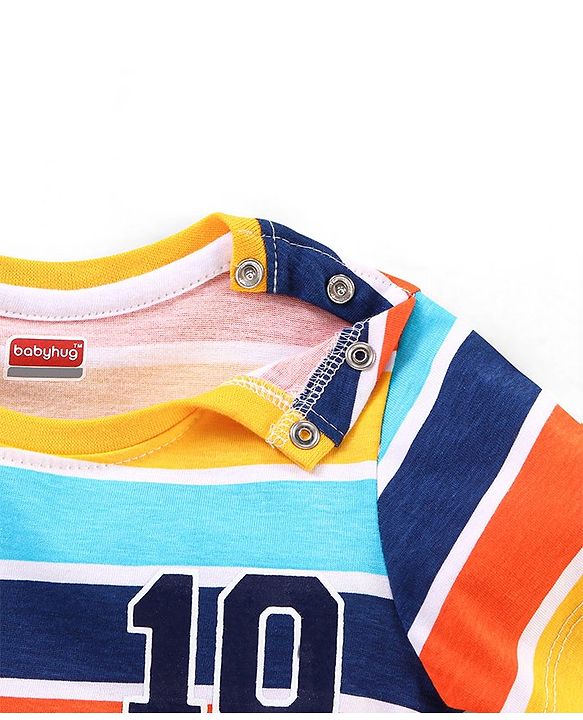 Babyhug Cotton Knit Half Sleeves Striped T-Shirt Number Print - Blue & Yellow
