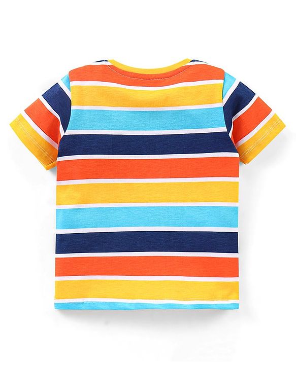 Babyhug Cotton Knit Half Sleeves Striped T-Shirt Number Print - Blue & Yellow