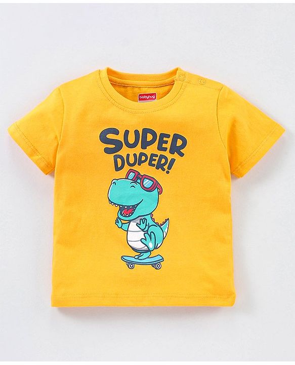 Babyhug Cotton Half Sleeves T-Shirt Super Duper Dino Print - Yellow