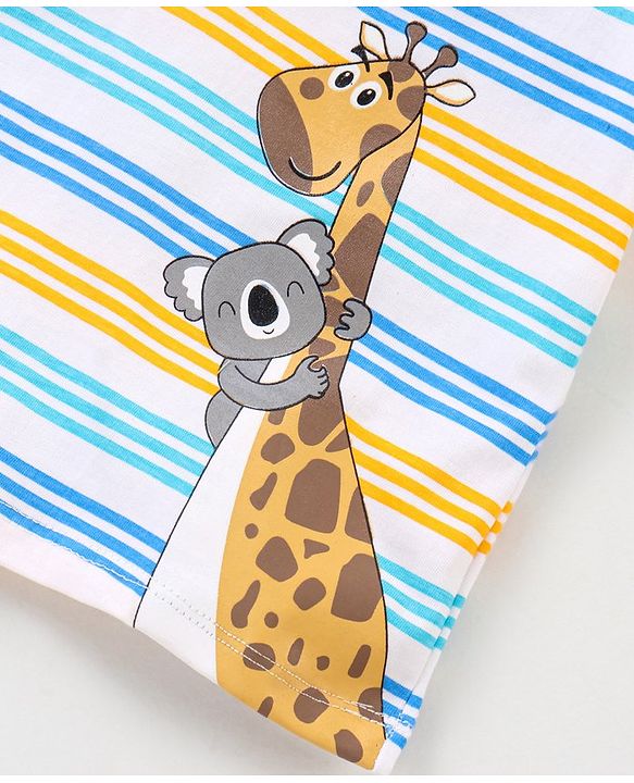 Babyhug Cotton Knit Half Sleeves Striped T-Shirt with Giraffe Print - White
