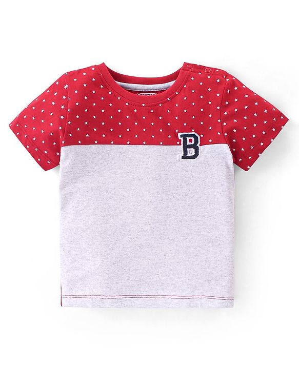 Babyhug 100% Cotton Knit Half Sleeves T-Shirt with Star Print - White & Red