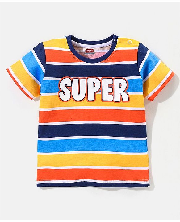 Babyhug Cotton Half Sleeves T-Shirt Text & Stripes Print- Yellow & Blue