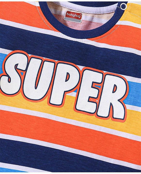 Babyhug Cotton Half Sleeves T-Shirt Text & Stripes Print- Yellow & Blue