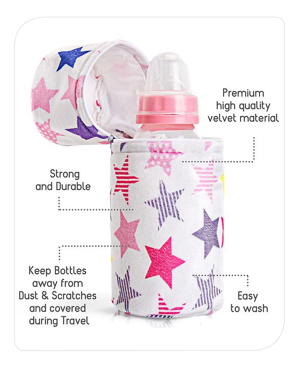 Babyhug Feeding Bottle Cover with Zip Star Print Pink - Fits Upto 280 ml Bottle
