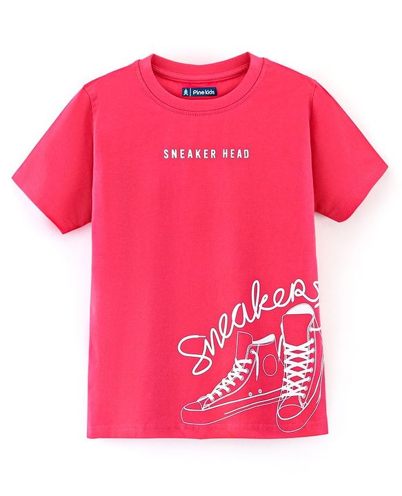 Pine Kids 100% Cotton Half Sleeves T-Shirt Sneakers Print - Red