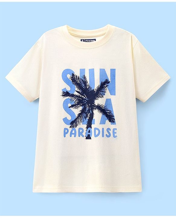 Pine Kids 100% Cotton Half Sleeves Biowashed T-Shirt Palm Tree Print - Off White