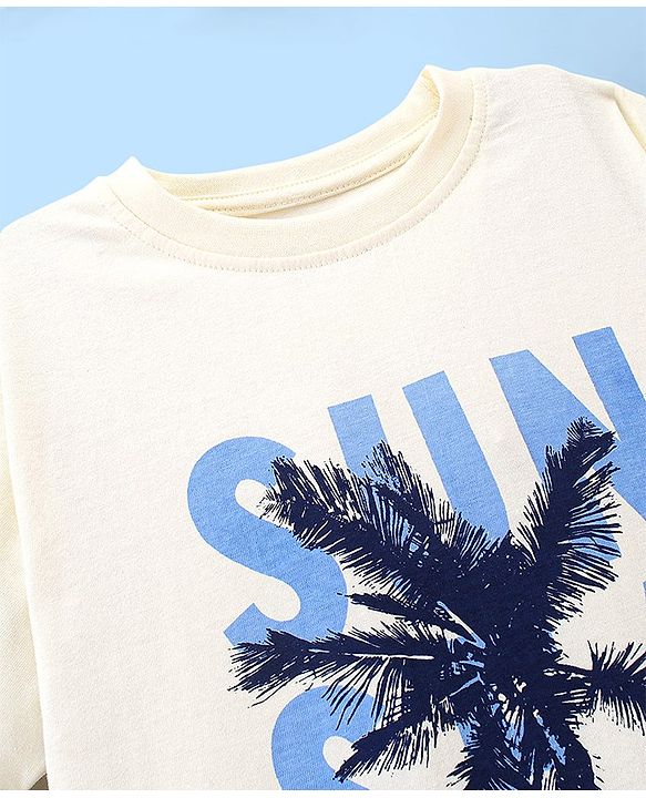 Pine Kids 100% Cotton Half Sleeves Biowashed T-Shirt Palm Tree Print - Off White