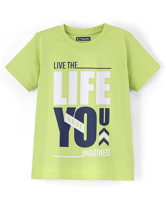Pine Kids 100% Cotton Half Sleeves Bio Washed T-Shirt Text Print - Green
