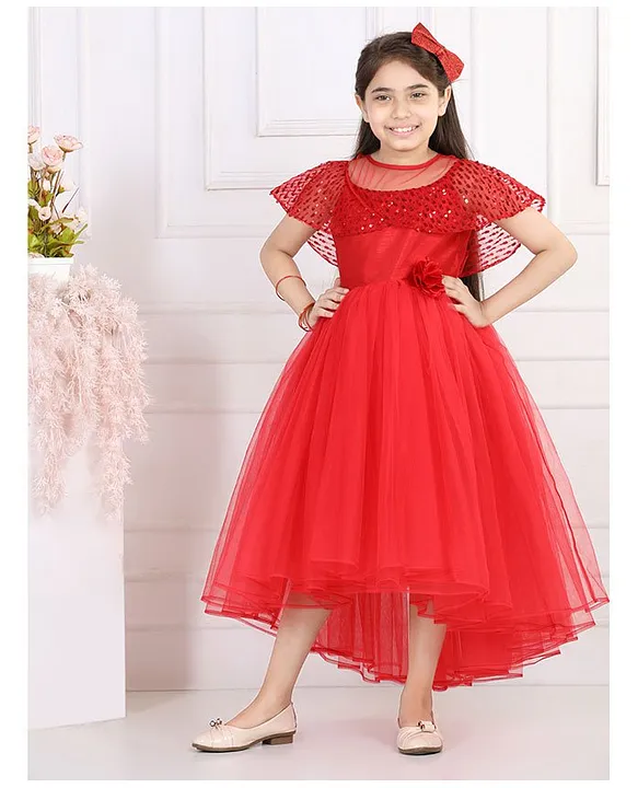 Toy Balloon Kids Half Sleeves Sequin Embellished Mock Cape Style Bodice Detailed Fit Flare High Low Dress Dress Red