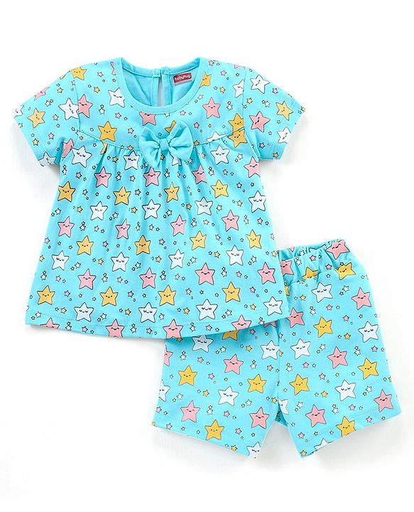Babyhug Cotton Half Sleeves Night Suit Stars Print - Mint