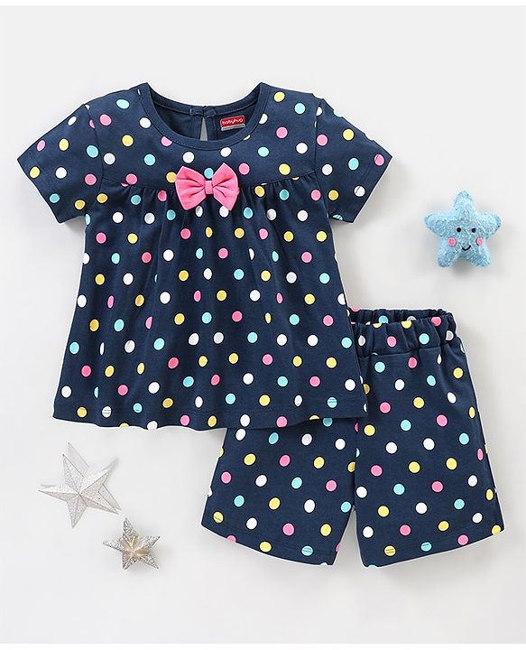 Babyhug Cotton Knit Half Sleeves Night Suit with Bow Applique Polka Dots Print - Blue