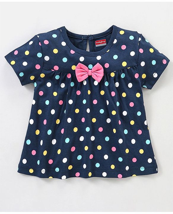 Babyhug Cotton Knit Half Sleeves Night Suit with Bow Applique Polka Dots Print - Blue
