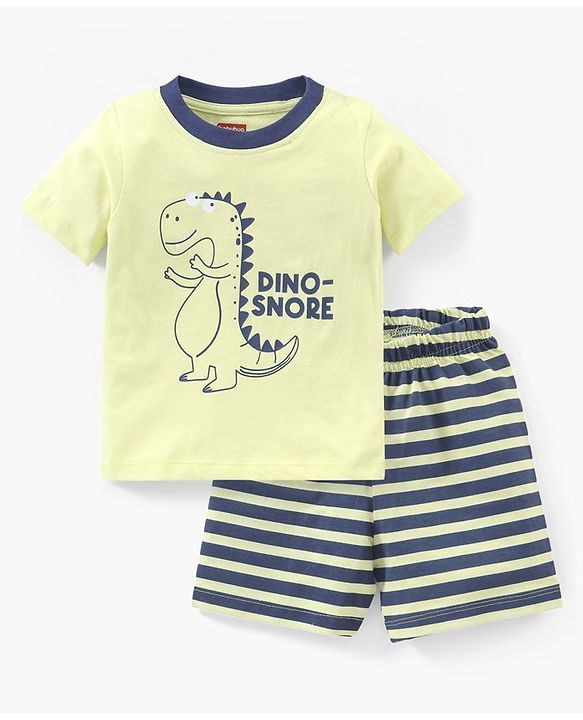 Babyhug Cotton Knit Half Sleeves Night Suit Dino Print - Green