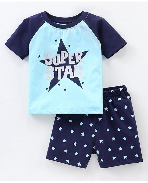 Babyhug Cotton Knit Half Sleeves Night Suit Star Print - Blue