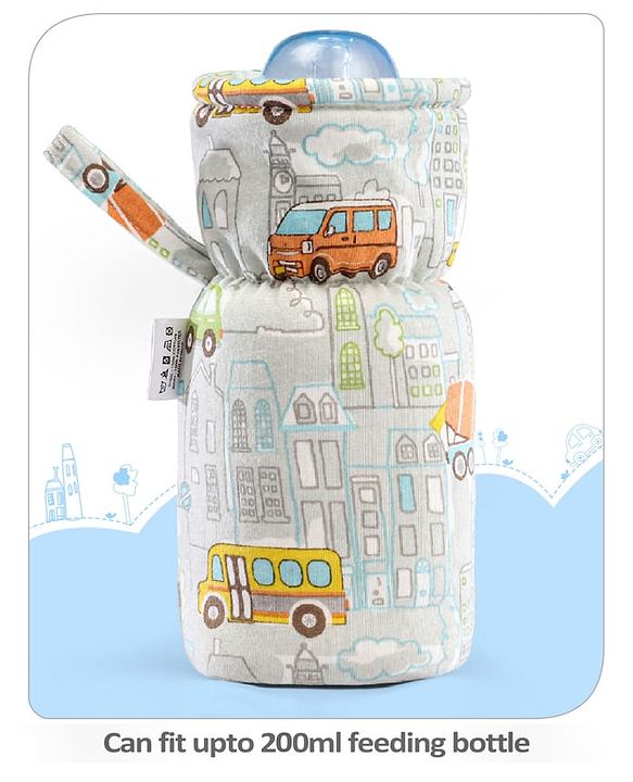 Babyhug 100% Cotton Premium Feeding Bottle Cover with Sherpa Lining Vehicle Print - Fits Upto 200 ml Bottle