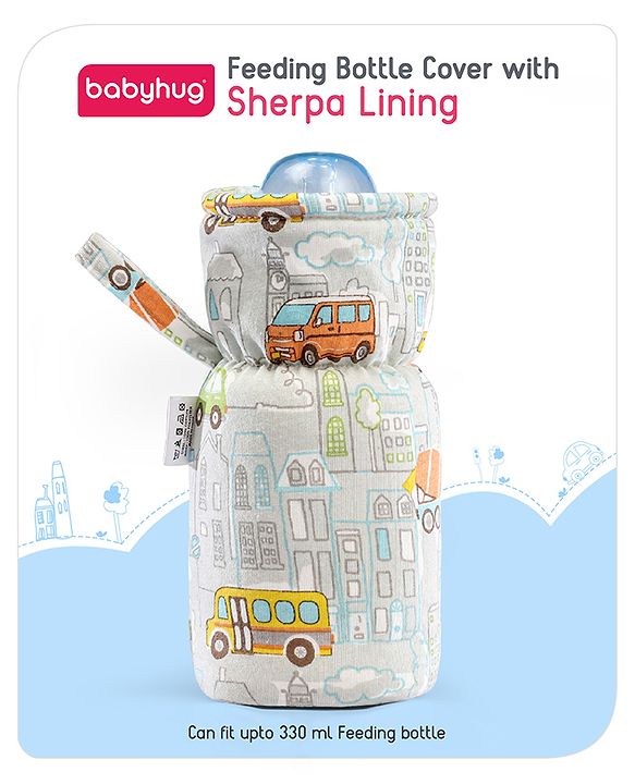 Babyhug 100% Cotton Premium Feeding Bottle Cover with Sherpa Lining Vehicle Print - Fits Upto 200 ml Bottle