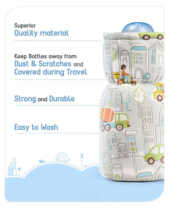 Babyhug 100% Cotton Premium Feeding Bottle Cover with Sherpa Lining Vehicle Print - Fits Upto 200 ml Bottle