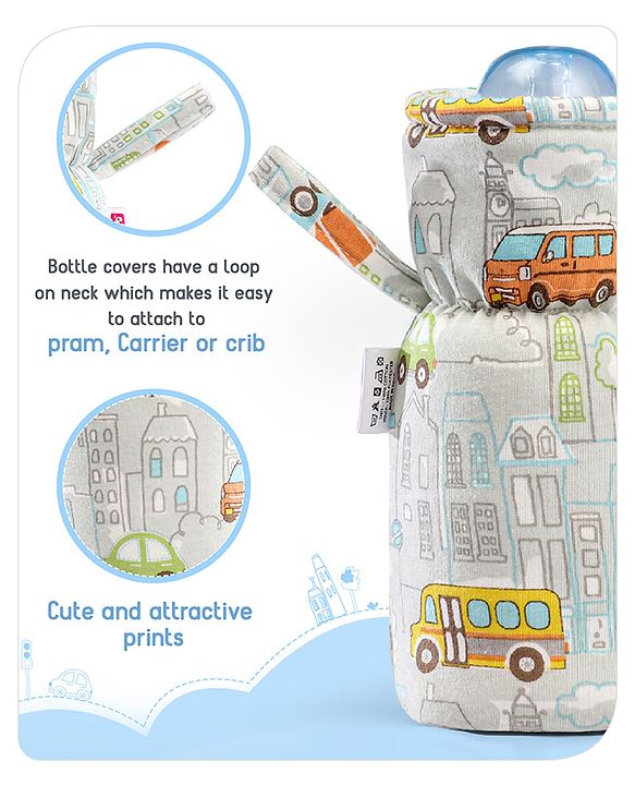 Babyhug 100% Cotton Premium Feeding Bottle Cover with Sherpa Lining Vehicle Print - Fits Upto 200 ml Bottle