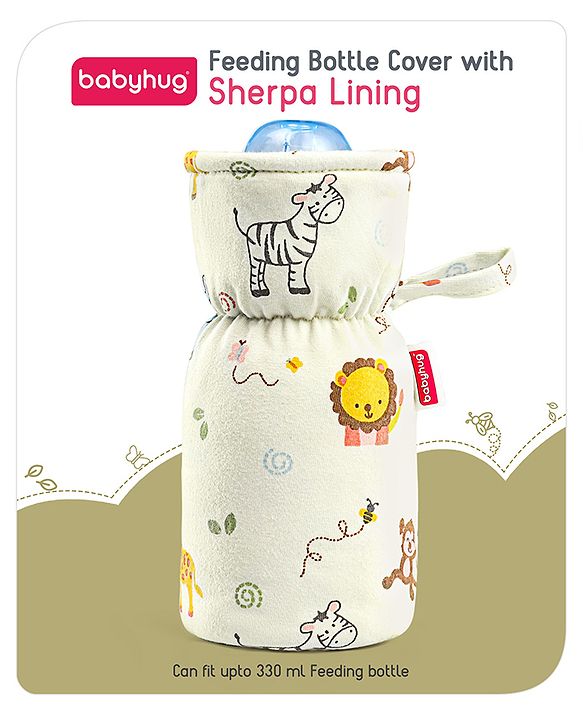 Babyhug 100% Cotton Premium Feeding Bottle Cover with Sherpa Lining Vehicle Print - Fits Upto 200 ml Bottle