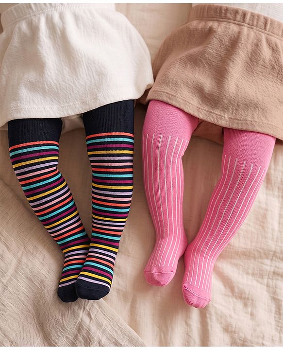 Cutewalk by Babyhug Anti Bacterial Footed Tights Striped Pack Of 2 - Navy Blue & Pink