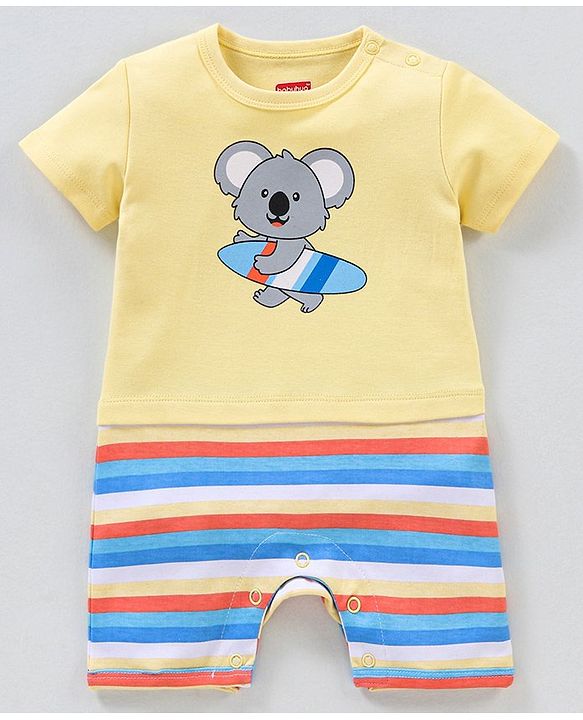 Babyhug 100% Cotton Half Sleeves Romper Koala Print - Yellow