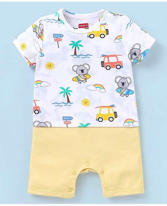 Babyhug 100% Cotton Knit Half Sleeves Striped Romper Koala Print - Blue & Yellow