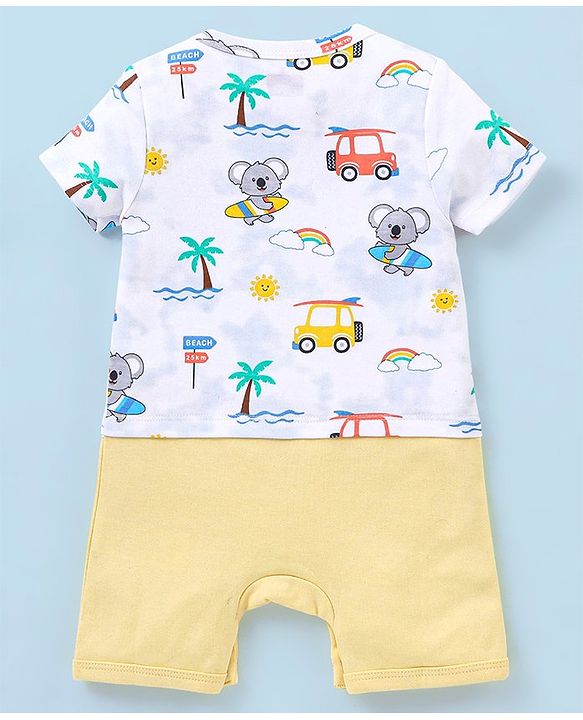 Babyhug 100% Cotton Knit Half Sleeves Striped Romper Koala Print - Blue & Yellow